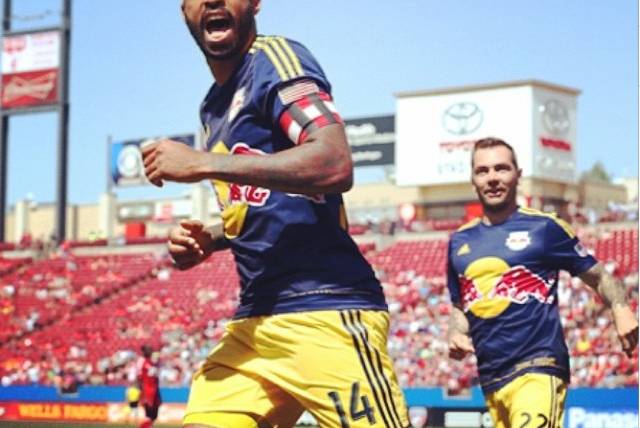 Thierry Henry celebrates after his game-winning assist in Frisco, TX